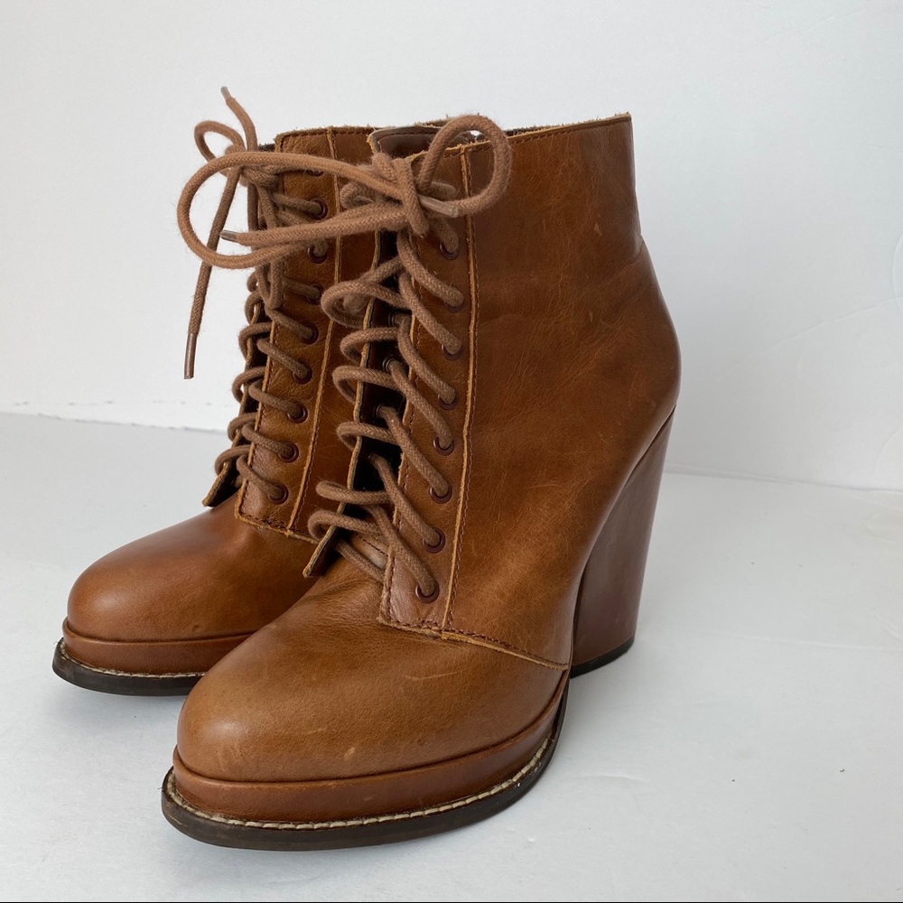 Seychelles Lace Up Heeled Booties in Camel